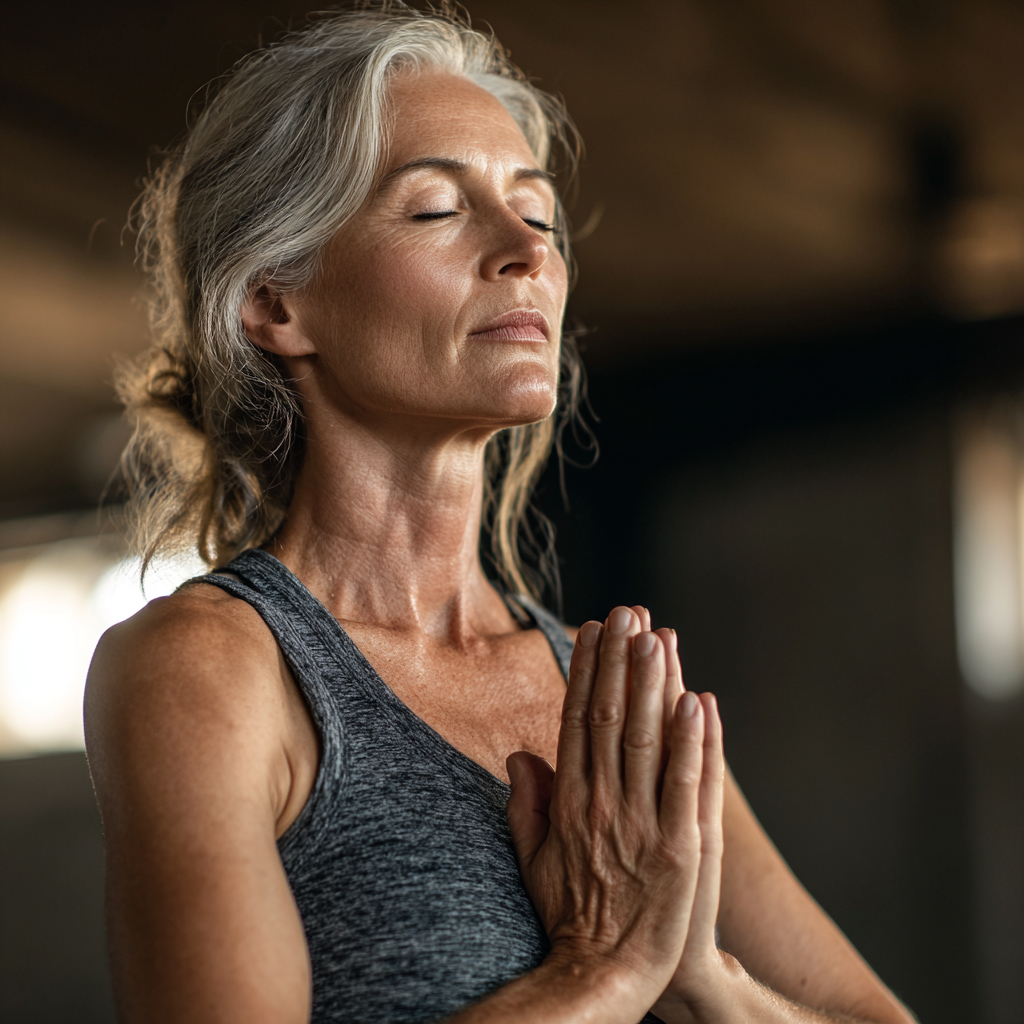 Experienced middle-aged woman practicing yoga meditation in peaceful studio environment