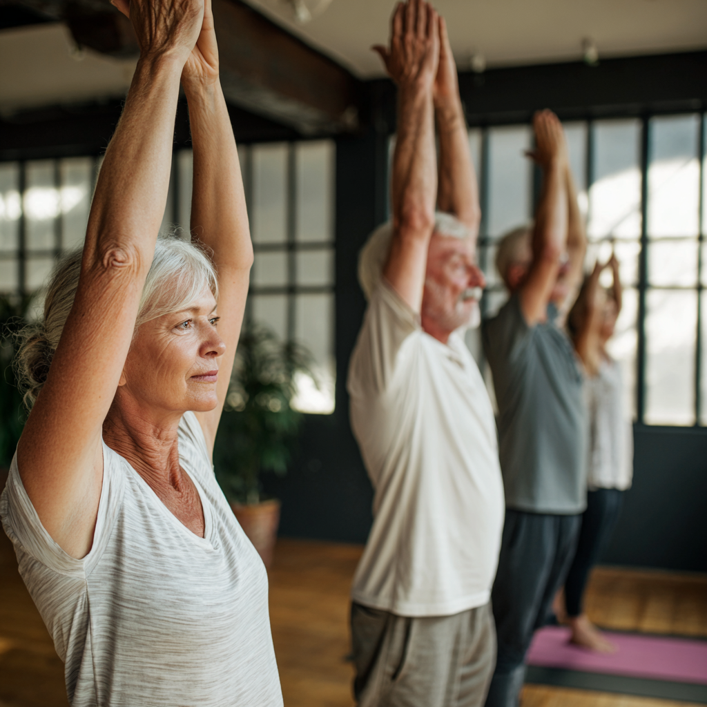 Senior adults practicing gentle yoga poses in natural lighting studio